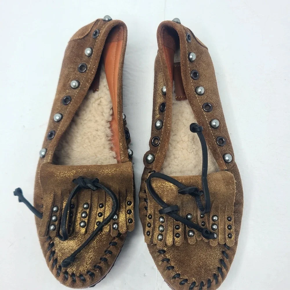 COACH Roccasin Shearling Moccasin Brown Suede Slip On Shoe 7B Embellished